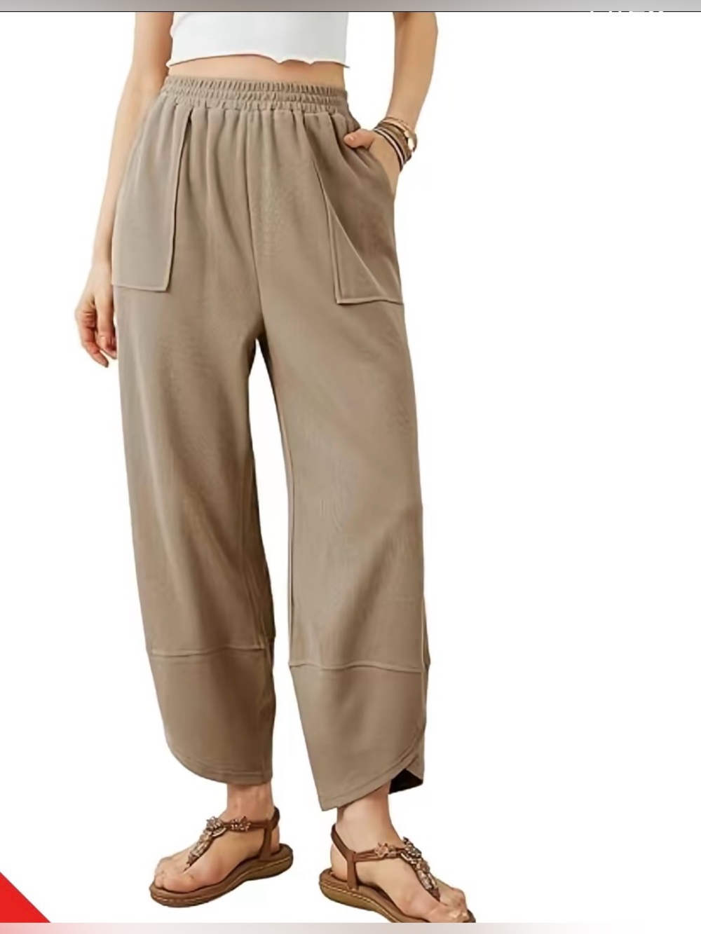 Relaxed Elastic-Waist Barrel-Leg Pants - Taupe